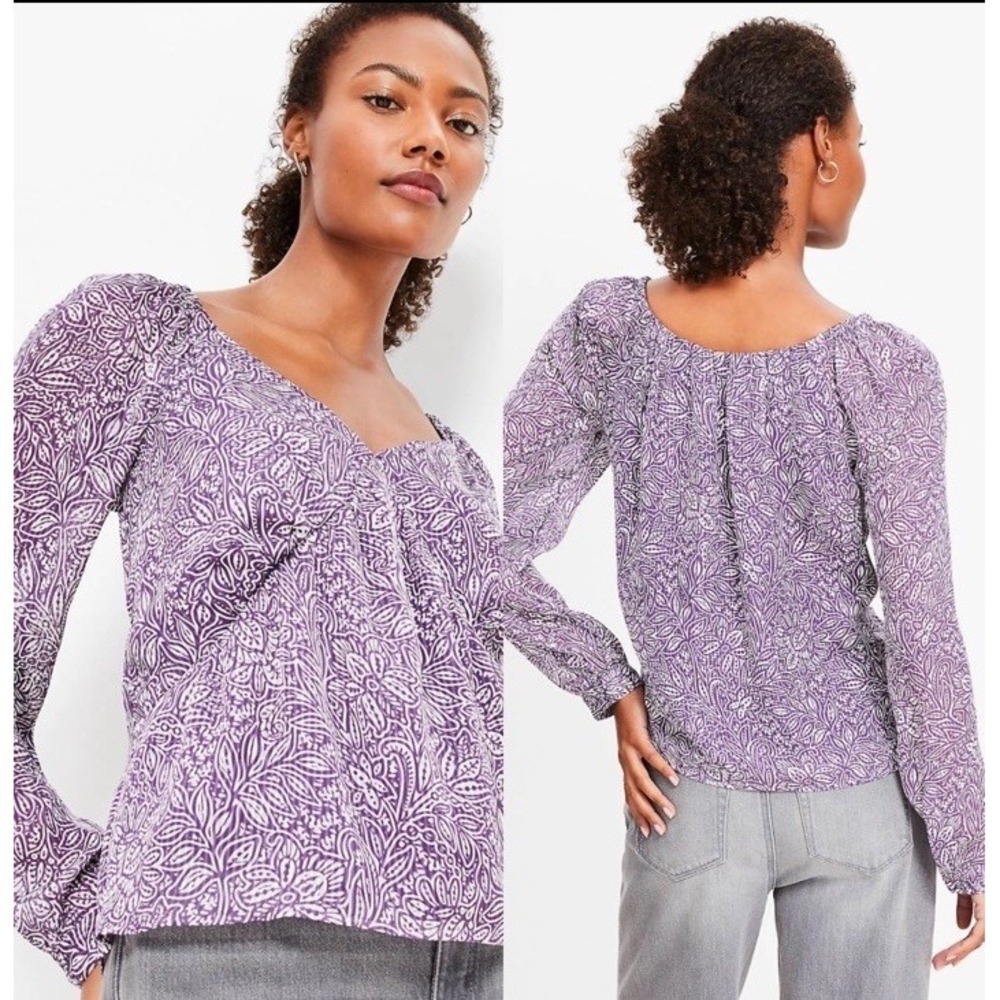 LOFT Tulip Striped Sweetheart Neck Blouse Size 14 Purple Long Sleeve Romantic